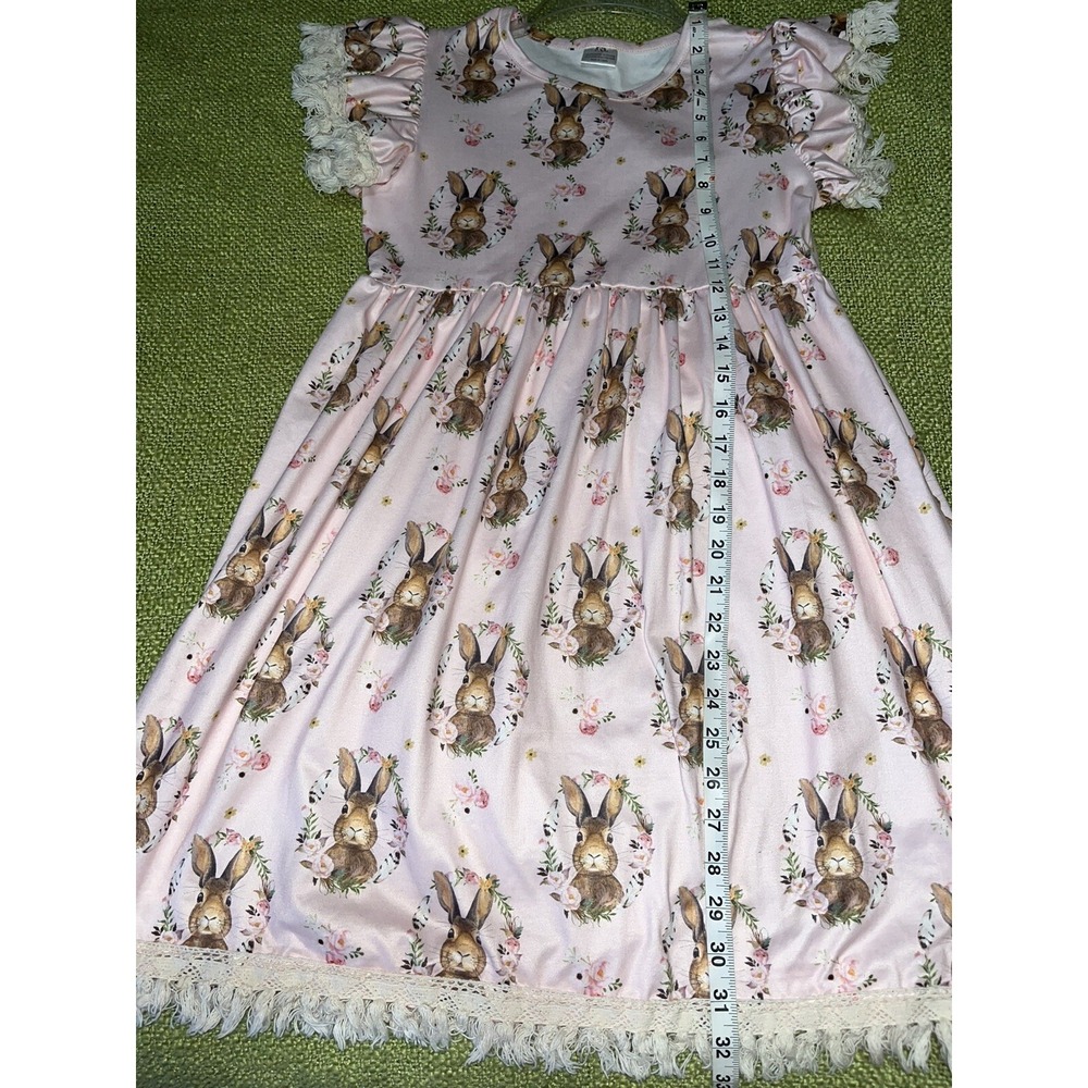 Little girls Easter bunny dress , pink , lace trim and fringe , 5xl , boutique - Picture 3 of 5